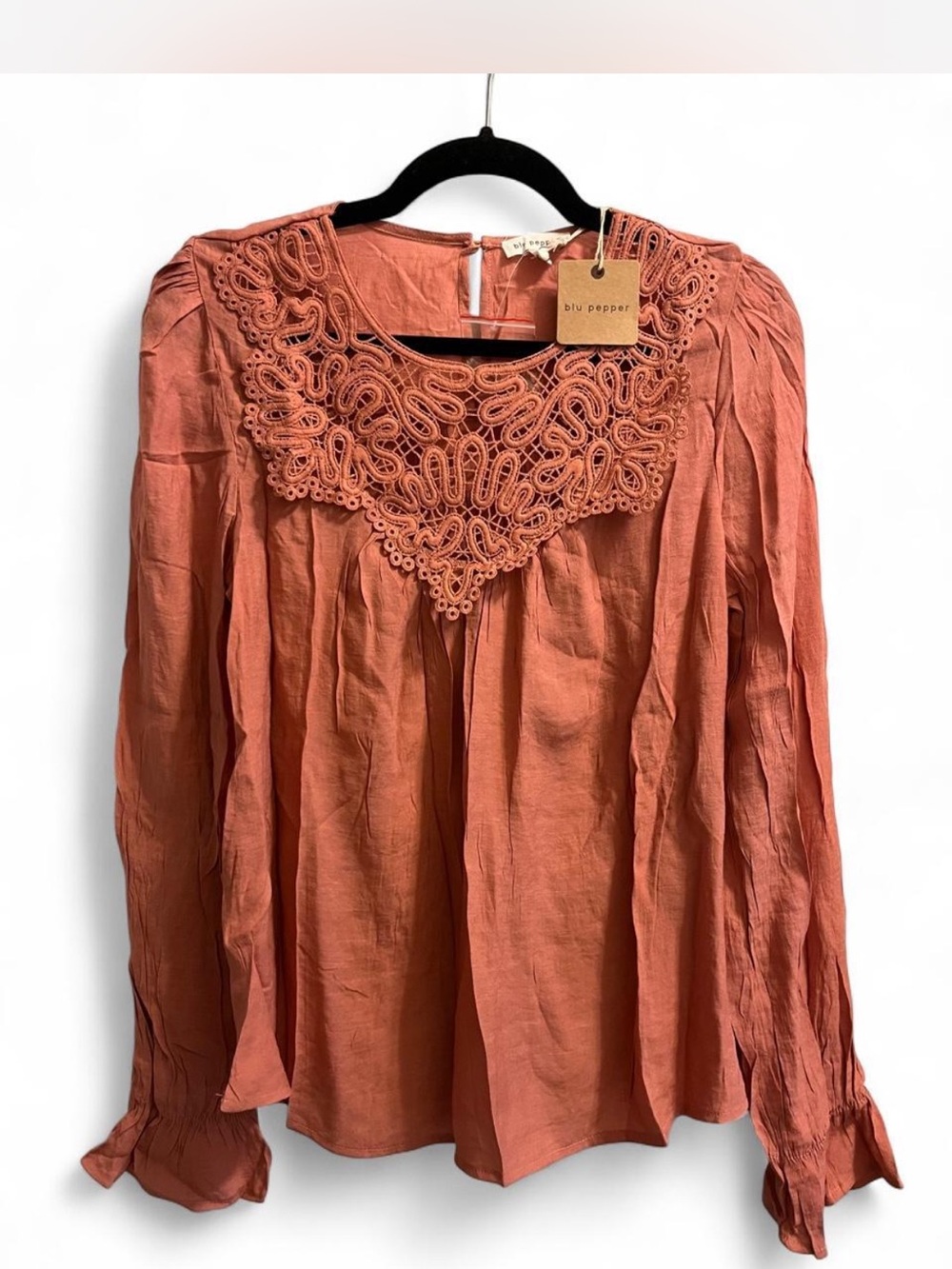 Blu Pepper Women's Terracotta Crochet Yoke Long Sleeve Blouse